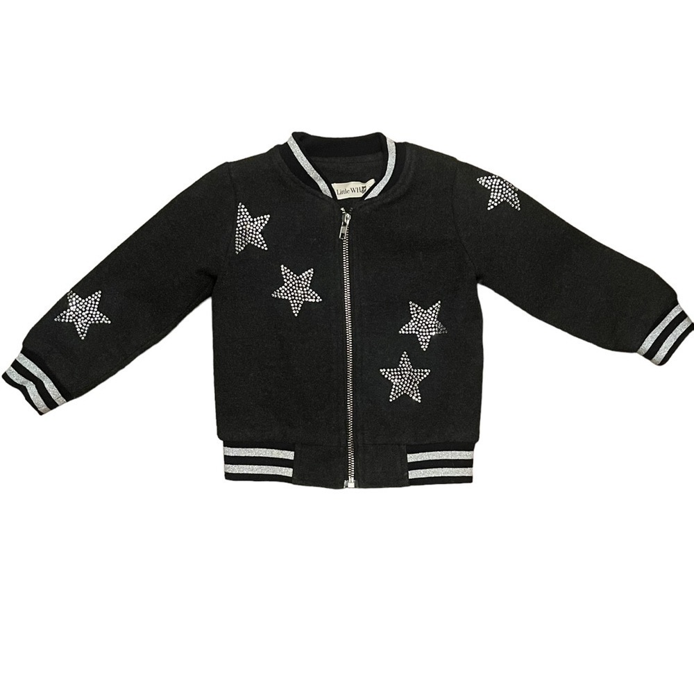 Little Who Star Rhinestone Dark Grey Felted Bomber Jacket Lurex Stripe‎ Trim 2T